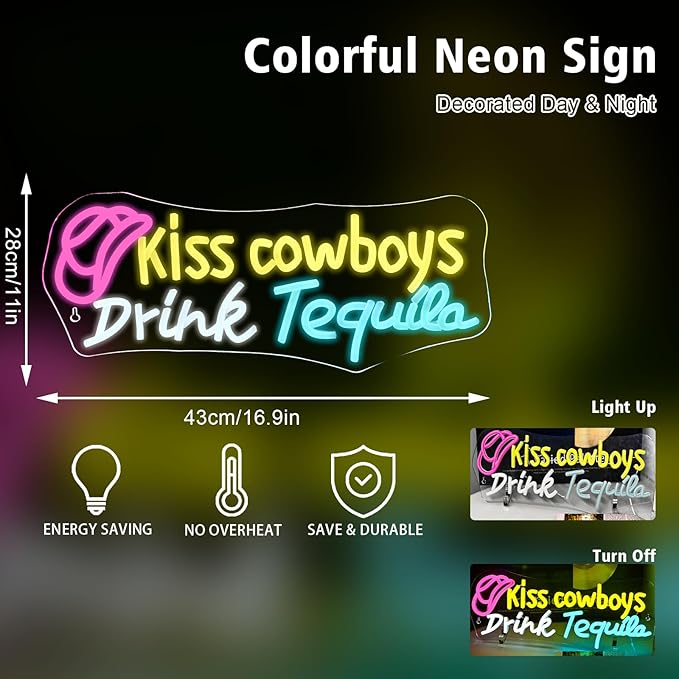 Kiss Cowboy Drink Tequila Neon Sign Bar Led Neon Light Save Water Drink Tequila Neon Signs For Wall Decor Home Beer Bar Club Man Cave Party Decorations Gifts