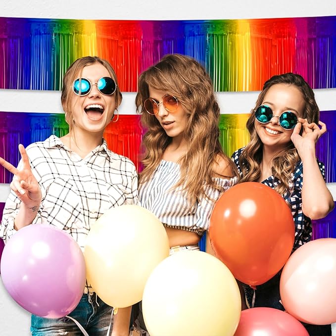 3 Pack 10 Feet Dark Rainbow Foil Fringe Garland Metallic Tinsel Streamers Banner Wall Hanging Curtain Backdrop for Parade Floats, Christmas, Valentine's Day, Thanksgiving, Birthday Party Decorations