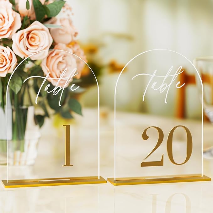 Arch Wedding Table Numbers 1-20 with Stands, Elegant Gold Number 5.5 x 7” Arch Acrylic Signs with Holder, Clear Acrylic Table Numbers for Wedding Reception, Anniversary, Party, Events