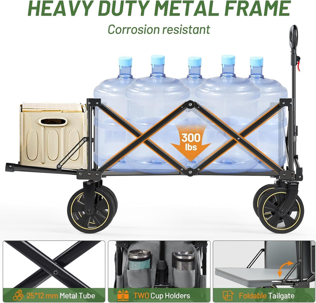 Timber Ridge 49" Extra Long Collapsible Folding Wagon with Tailgate and Brakes, 300lbs Heavy Duty Foldable Wagon with Adjustable Handle, 250L Capacity Portable Cart for Outdoor Camping Sports, Grey