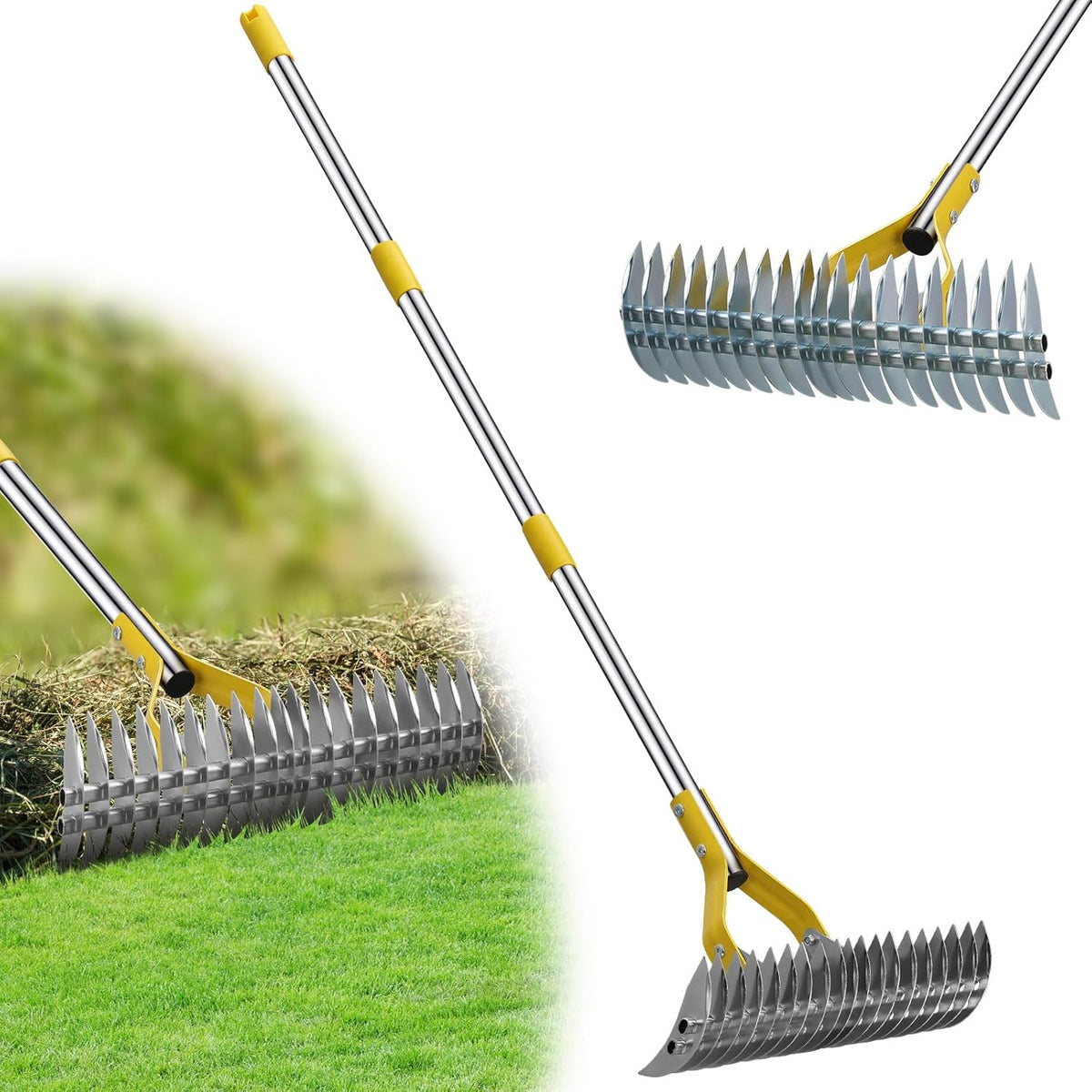 Garden Leaf Rake: Dual Function Thatching Rake for Lawn Dead Grass Leaves, Stainless Steel Heavy Duty 69” Lawn Dethatcher with Sharp 19 Tines, Fast Weeds, Leaf, Thatch, Dead Grass Removal Garden Tool
