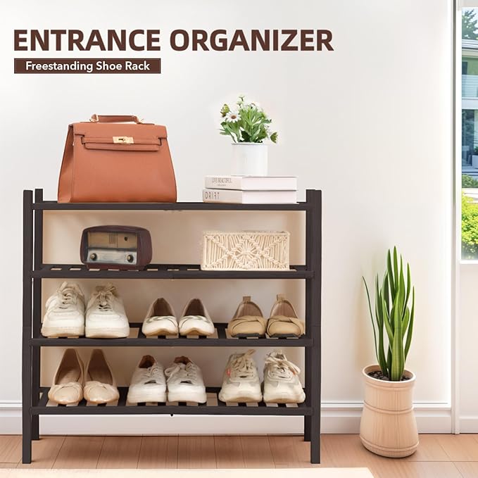 4 Tier Bamboo Shoe Rack Storage Organizer for Closet, Multifunctional Stackable Free Standing Shoe Shelf Organizer for Small Space,Entryway, Hallway, Bathroom27 x11 x26 (Brown, 4 Tier)
