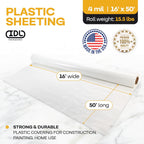 Plastic Sheeting 4 mil, 16' x 50' (800 sq. ft.) - Semi-Clear LDPE Film Roll - Roll of Plastic Sheeting for Painting, Construction, Drop Cloth - Painters Plastic Roll foк Vapor Barrier by IDL Packaging