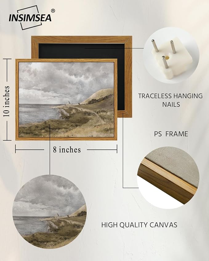 InSimSea Framed Canvas Wall Art Vintage Decor, Home Decor Danish Coastal Landscape in Stormy Weather Classical Paintings, Coastal Wall Art for Living Room Bedroom Office Decor, 8"x10"