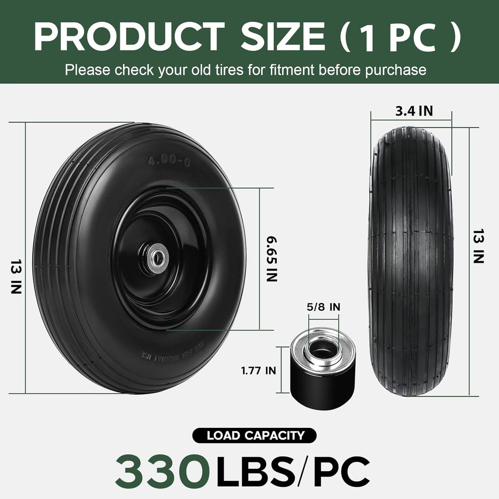 Taifa 13 Inch 1 Pack Solid Flat Free Replacement Tires and Wheels 4.00-6 with 5/8'' Axle Bore Hole, Air Less Wheel for Wheelbarrow/Wagon/Hand Truck/Trolley/Garden Scooter etc.