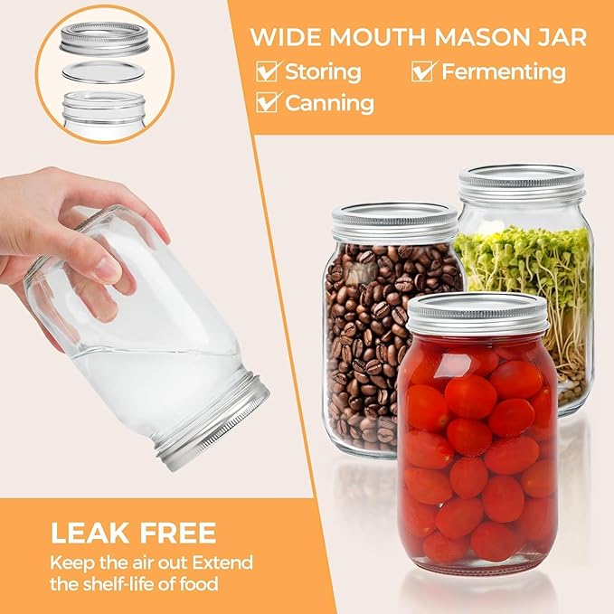 ComSaf Mason Jars 32 oz - 4 Pack, Wide Mouth Mason Jars with Lids, Prep Mear Glass Jars, Canning Jars for Pickling, Suntea, Salad, Honey, Desert, Shower Wedding Favors, DIY Candles Decor