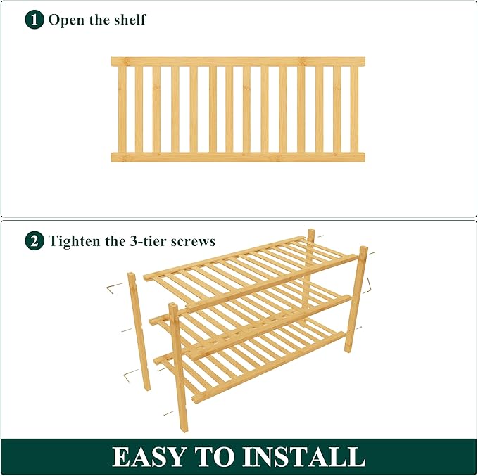Smiry Bamboo Shoe Rack for Closet, 3 Tier Wooden Stackable Shoe Organizer, Free Standing Shoes Storage Shelf for Entryway, Front Door Entrance, Natural