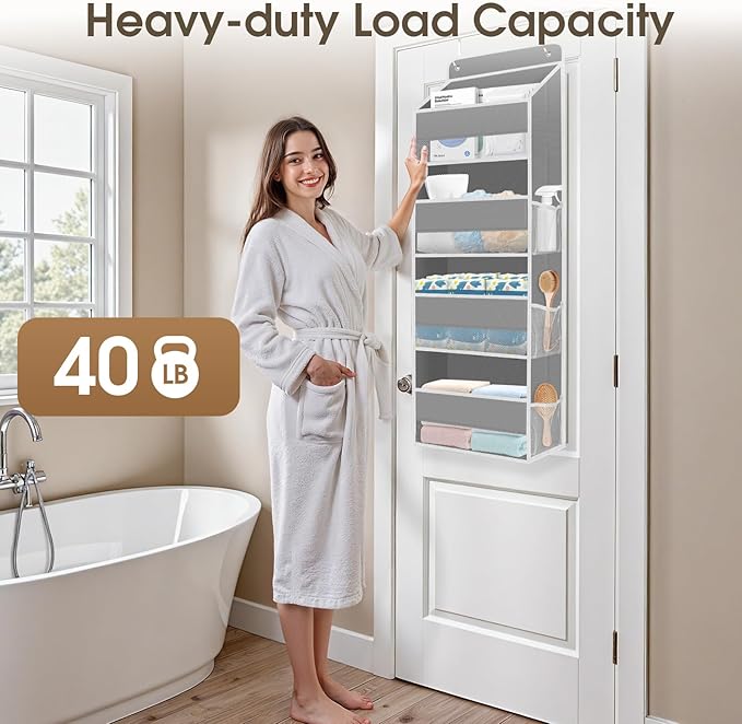 1 Pack Over The Door Organizer, Hanging Storage Organizer with Clear Window, 40lb Ultra Sturdy Large Capacity Room Organizer for Pantry Laundry Bathroom Nursery Closet Baby Essential (Grey)