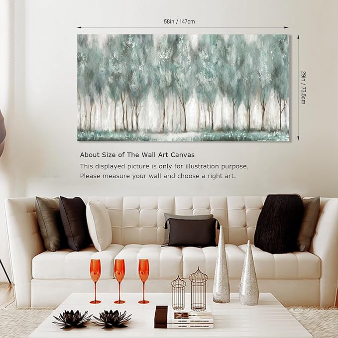 NINEASO Abstract Forest Canvas Wall Art - Grey Teal Foggy Trees Pictures Abstract Misty Woods Wall Decor Modern Botanical Painting Print Artwork for Living Room Bedroom Home Office Decor 29" x 58"