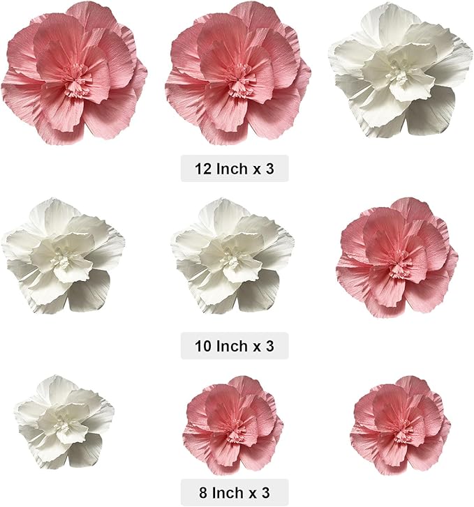 BRT Bearingshui Crepe Paper Flowers Decoration for Wall Total 9 Pcs, Artificial Flowers Backdrop for Wedding Decor Baby Bridal Shower Birthday Party, Pink and White 3D Wall Flowers Decor