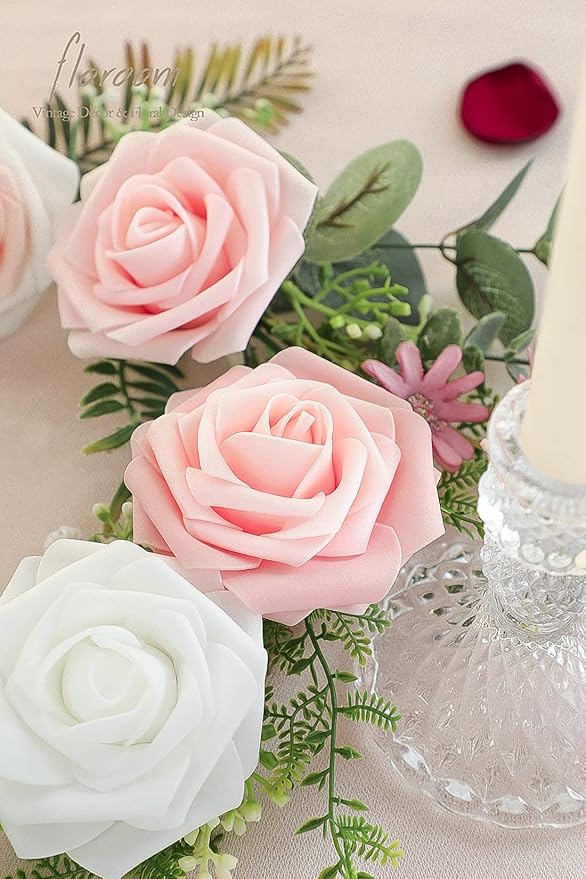 Floroom Artificial Flowers 25pcs Real Looking Blush Ombre Colors Foam Fake Roses with Stems for DIY Wedding Bouquets Bridal Shower Pink Centerpieces Floral Arrangements Party Tables Home Decorations