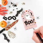 Aukolass 50Pcs Boo Gift Tags, Halloween Treat Tag for Spooky Girl Ghost Party Favor and Gift Wrapping Decoration (Pink Boo)