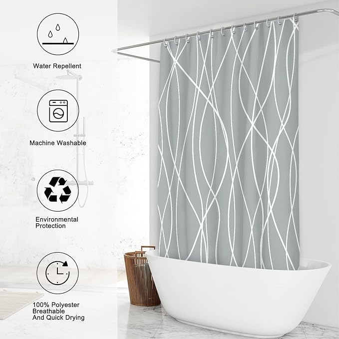 Punkray Light Grey Shower Curtain for Bathroom with Hooks, Shower Curtain Set Stripe Bath Curtains Decorative White Shower Curtains Weighted Hem Water Repellent Washable, 72 x 72