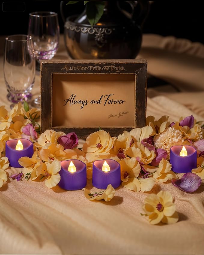 Homemory Purple Tea Lights Candles Battery Operated, 200+Hour Flameless Flickering Fake Electric LED Colored Tealights Candles for Party, Wedding, Halloween, Mardi Gras, Holiday Decor, 24-Pack