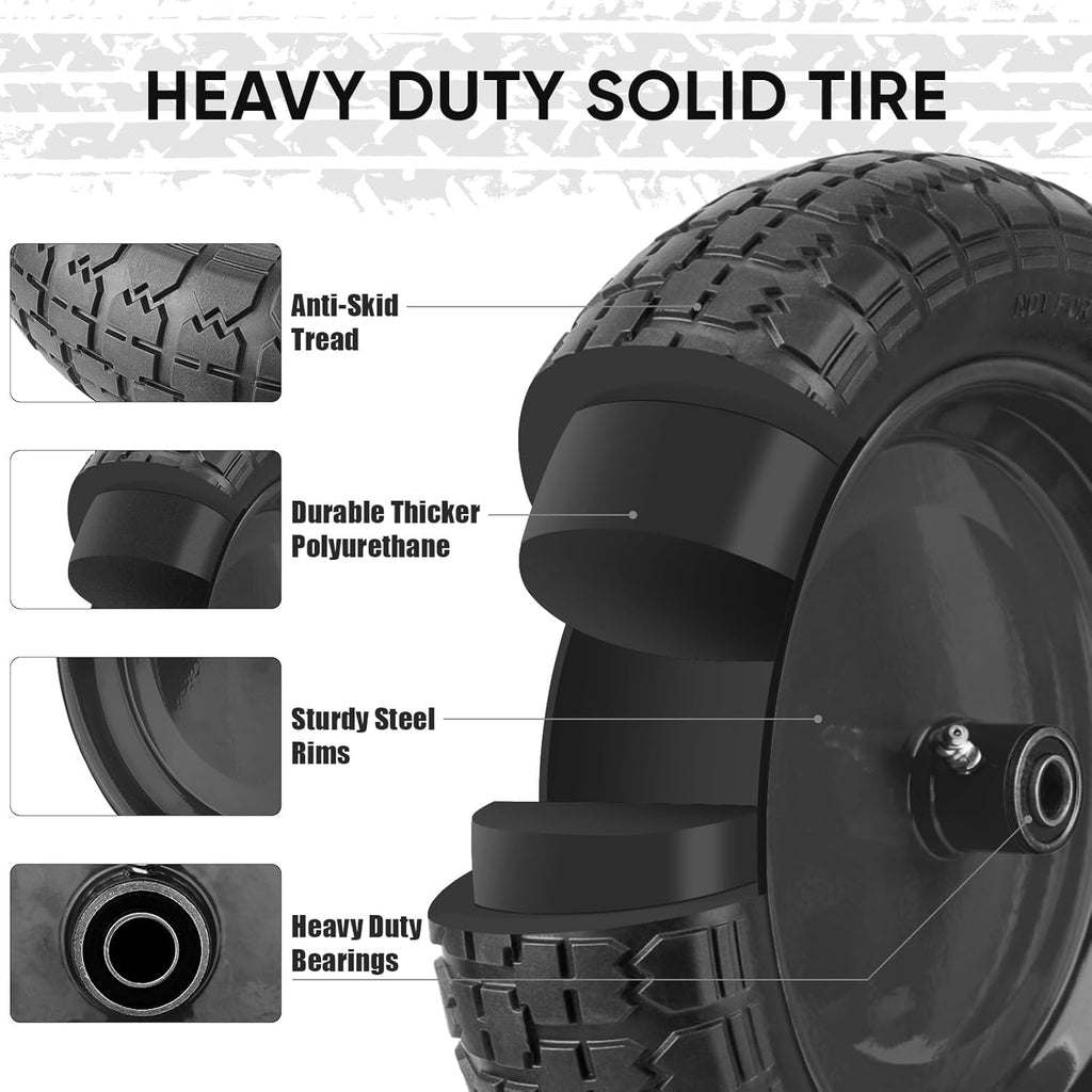 TICONN 4.80/4.00-8 Tire, 16" Flat Free Wheelbarrow Tire and Wheel, Solid Replacement Tires, 5/8" 3/4" Bearings, Universal Fit 4.80/4.00-8, 3.50/3.00-8, 4.00-6 (16" Black, 4PK)