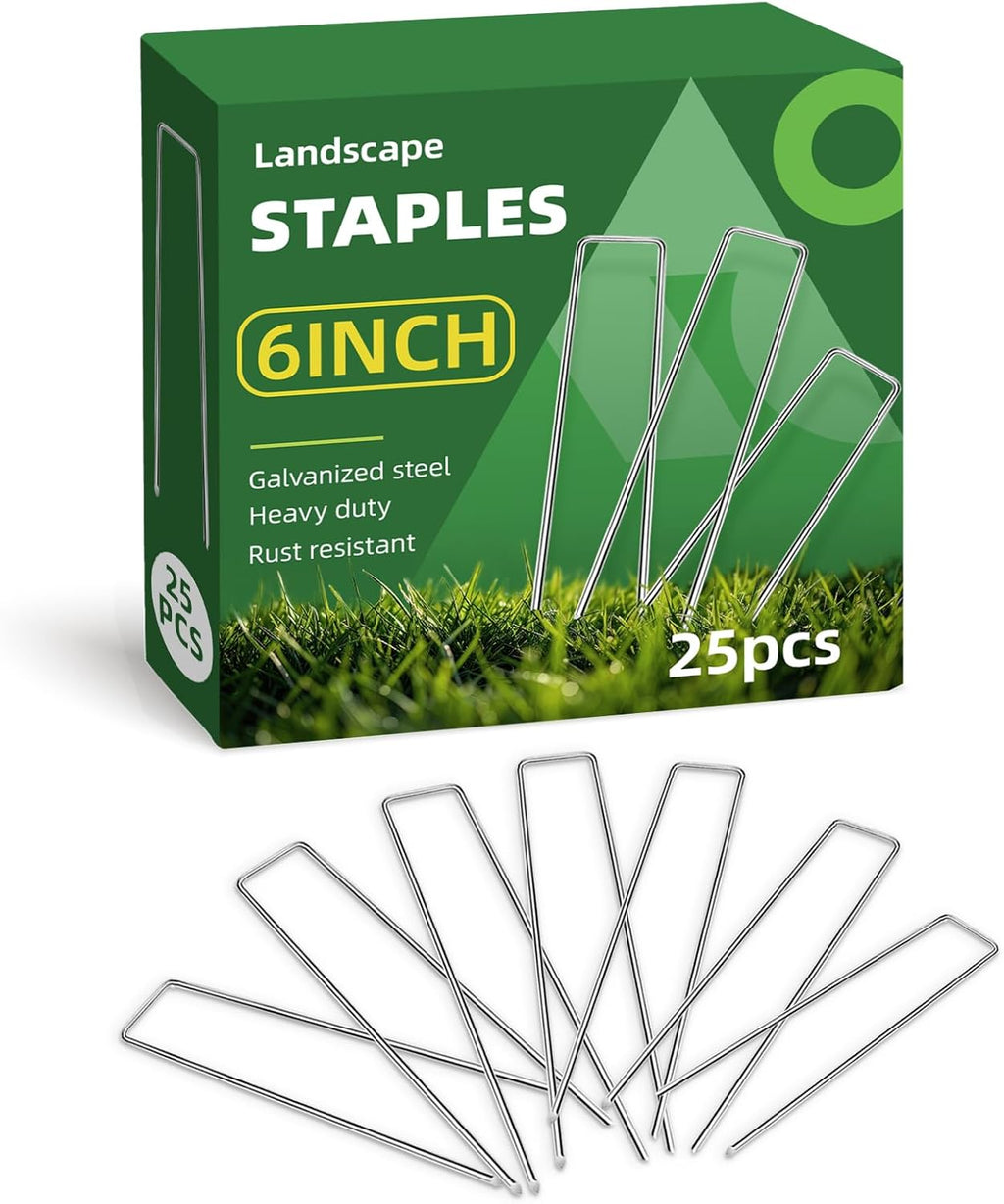 6 Inch Galvanized Landscape Staple, 11 Gauge Heavy Duty Garden Stakes for Barrier Fabric, Plant Stakes Ground Anchors 25 Pack