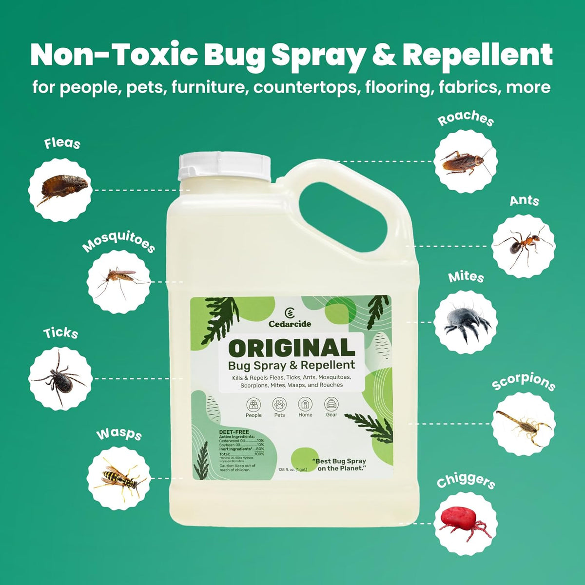 Cedarcide Original Bug Spray | Repel & Kill Fleas, Ticks, Mosquitoes, Mites, Ants & Chiggers | for use on People, Pets & Home | Natural Cedar Oil | Eco-Friendly | Gallon