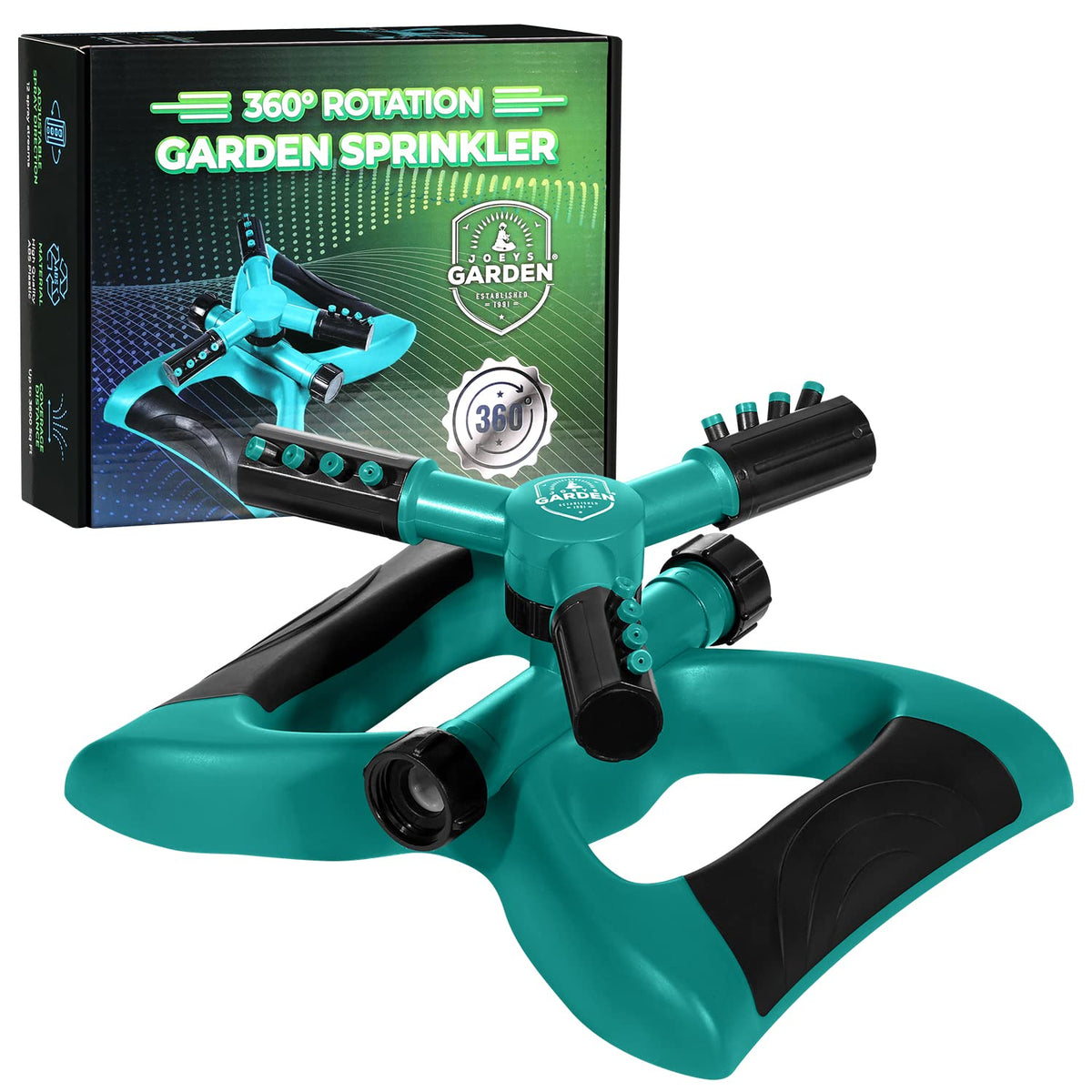 Joeys Sprinkler for Yard, Rotating Garden Sprinkler with 3 Adjustable Arms, Weighted Base, Expandable Connection, Lawn and Yard Sprinklers (Green)