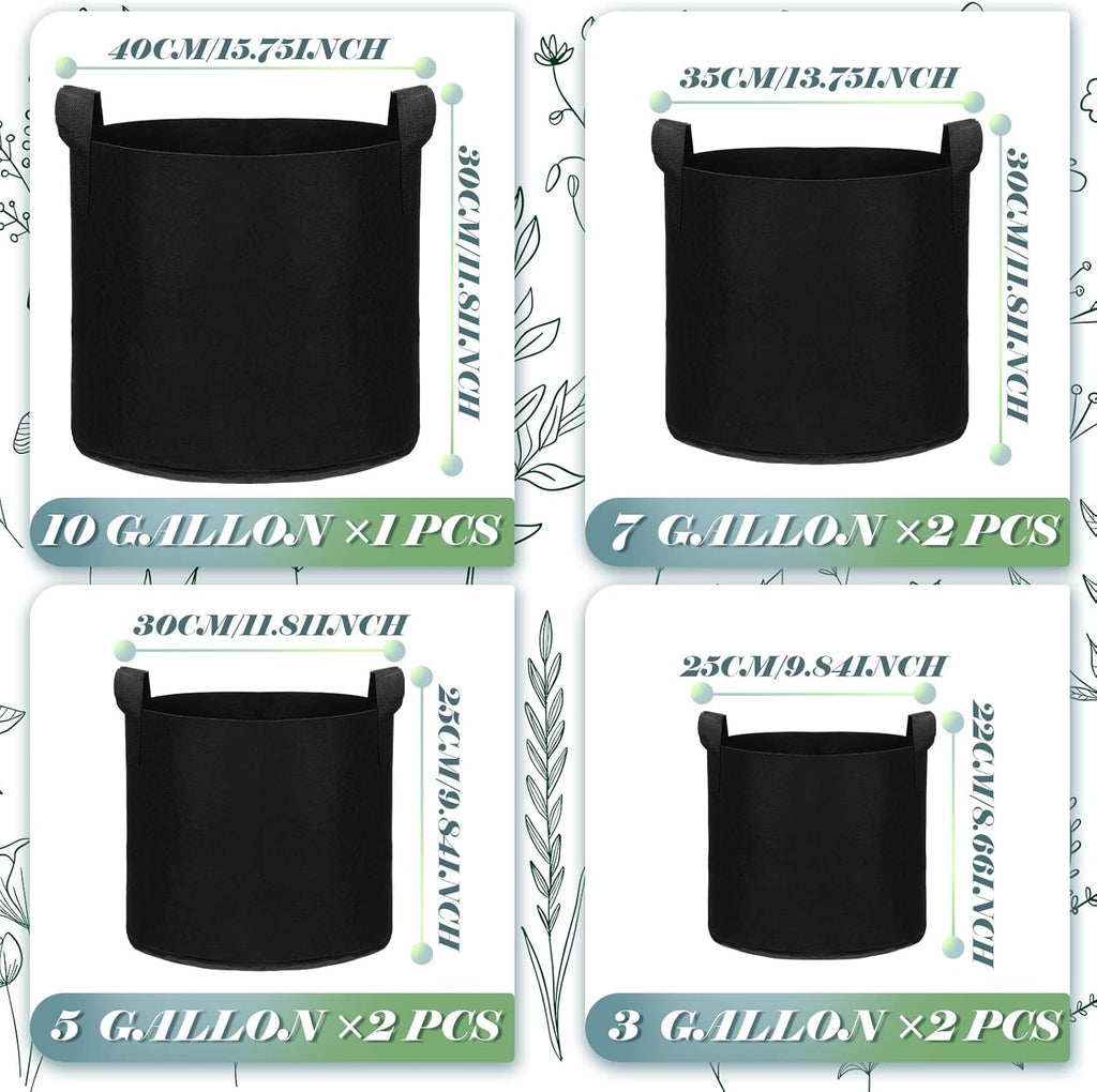 Hoolerry 7 Pack Black Plant Grow Bags Thickened Non Woven Grow Bags in 4 Sizes 10, 7, 5 and 3 Gallons Aeration Fabric Pots with Handles