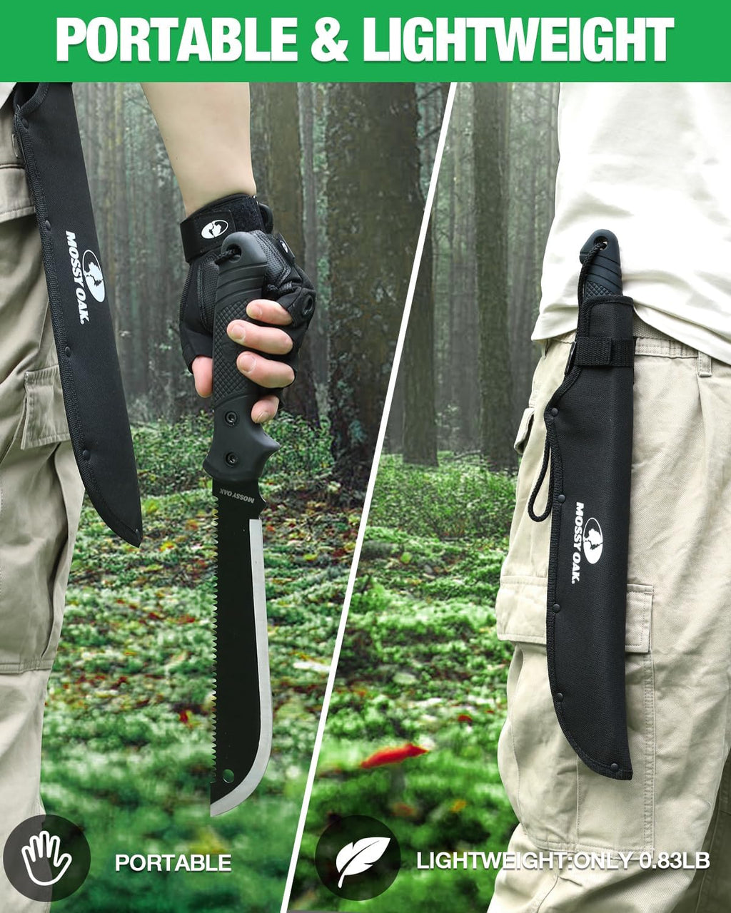 MOSSY OAK Machete with Saw, 19" Sharp Machete with Sheath, Ergonomic No-Slip Handle, Machetes for Bushcraft, Outdoor Hunting, Garden Cutting Trees and Yard Work