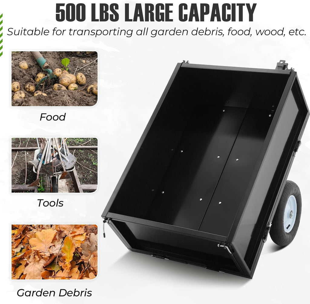 500 LBS Tow Behind ATV Trailer Dump Cart, Heavy Duty Pull Behind Yard Wagon Garden Cart with 2 Wheels, for Tractor, ATV, UTV, Outdoor Lawn Mower