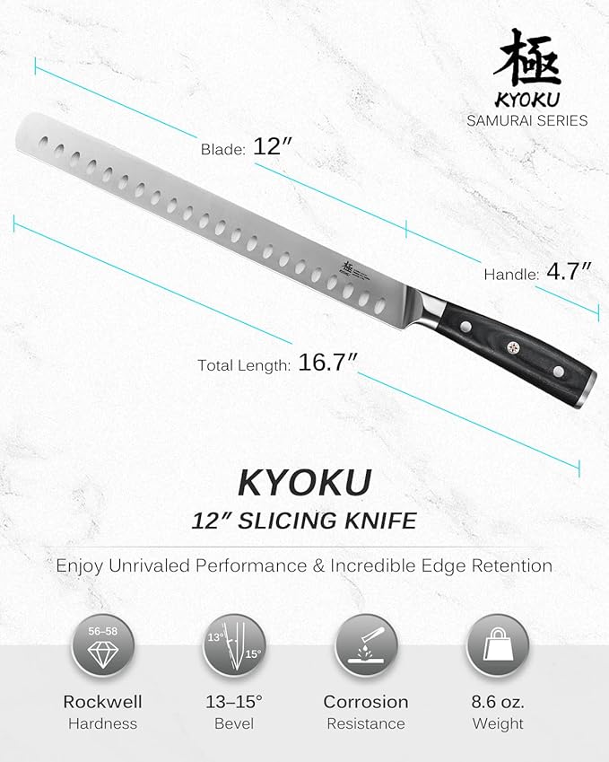 KYOKU 12" Slicing Knife, Samurai Series Brisket Knife for Meat Cutting with Pakkawood Handle, Japanese High Carbon Steel Meat Carving Knife for BBQ Brisket Turkey Ham Rib Roast Beef with Sheath & Case