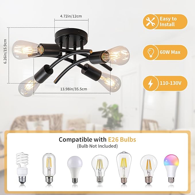 WILON Semi Flush Mount Ceiling Light Fixture, Modern Flush Mount Ceiling Lights, Matte Black 4-Light Sputnik Ceiling Light Fixture with E26 Bulb Base for Hallway Farmhouse Kitchen Bedroom