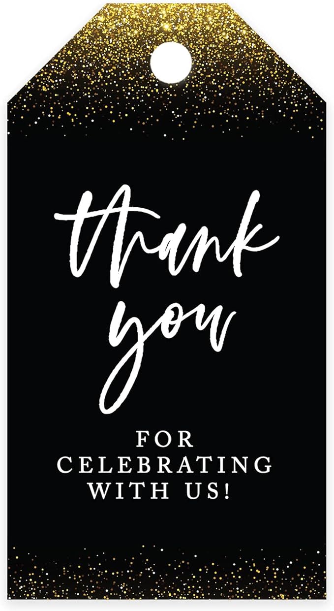 Andaz Press 100-Pack Thank You for Celebrating with Us Favor Tags Gold Glitter with Black Cardstock Gift Tags with Bakers Twine for Wedding Baby Shower Bridal Shower Party Favors 2 x 3.75-Inches