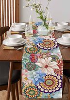 Boho Flowers Cotton Linen Table Runner for Dining Kitchen, Wedding Outdoor Party Tablerunners Decoration, Colorful Floral Farm Vintage Botanical Dresser Scarf Coffee Tablecloth Runners 13x120 Inches