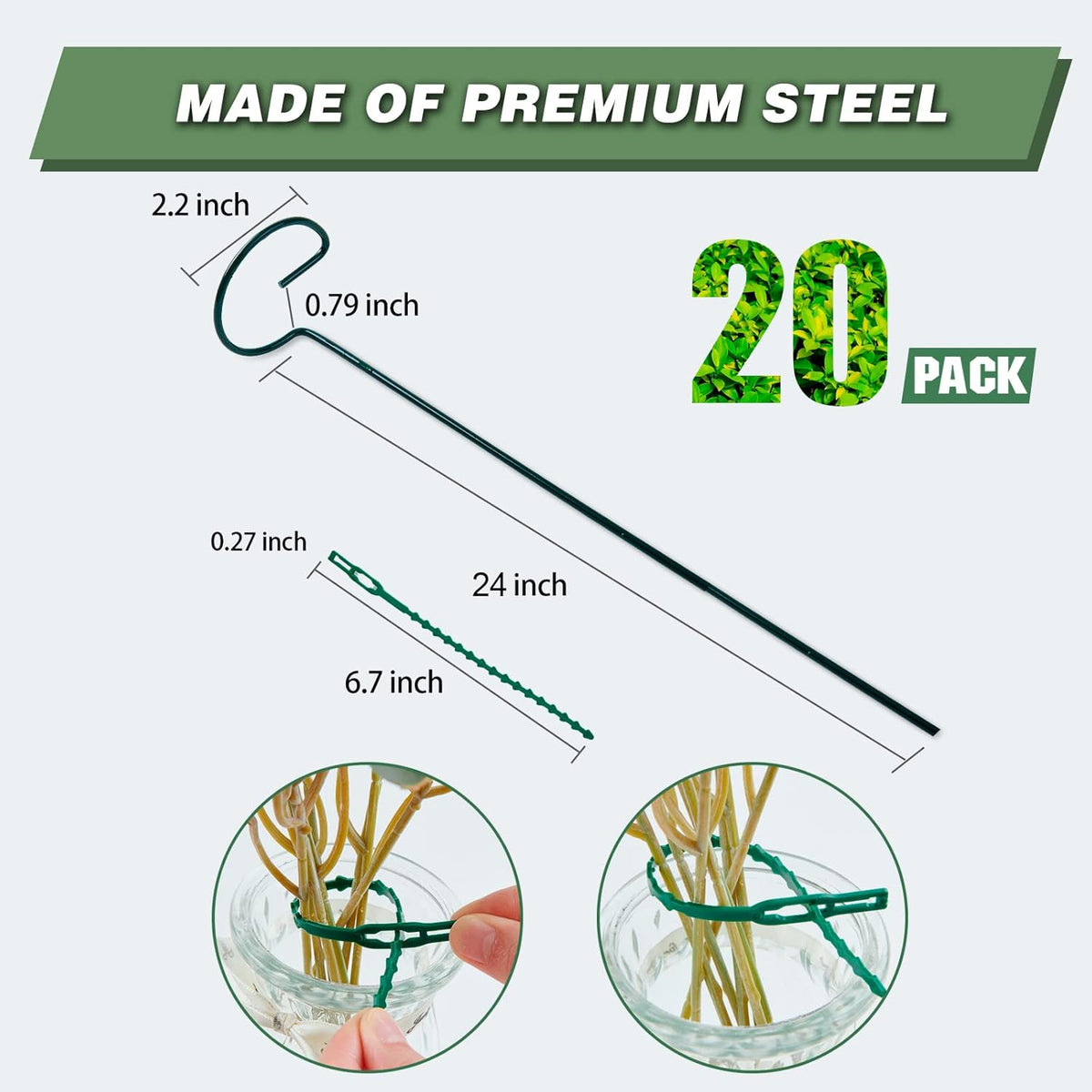 Joyhalo 20 Pack Plant Support Stakes 24 Inch, Plant Stakes, Flower Stakes with 24 Twist Ties, Garden Sticks for Plants Iris, Dahlia, Gladiolus, Amaryllis, Rose, Sunflower, Tomato, Sapling Etc