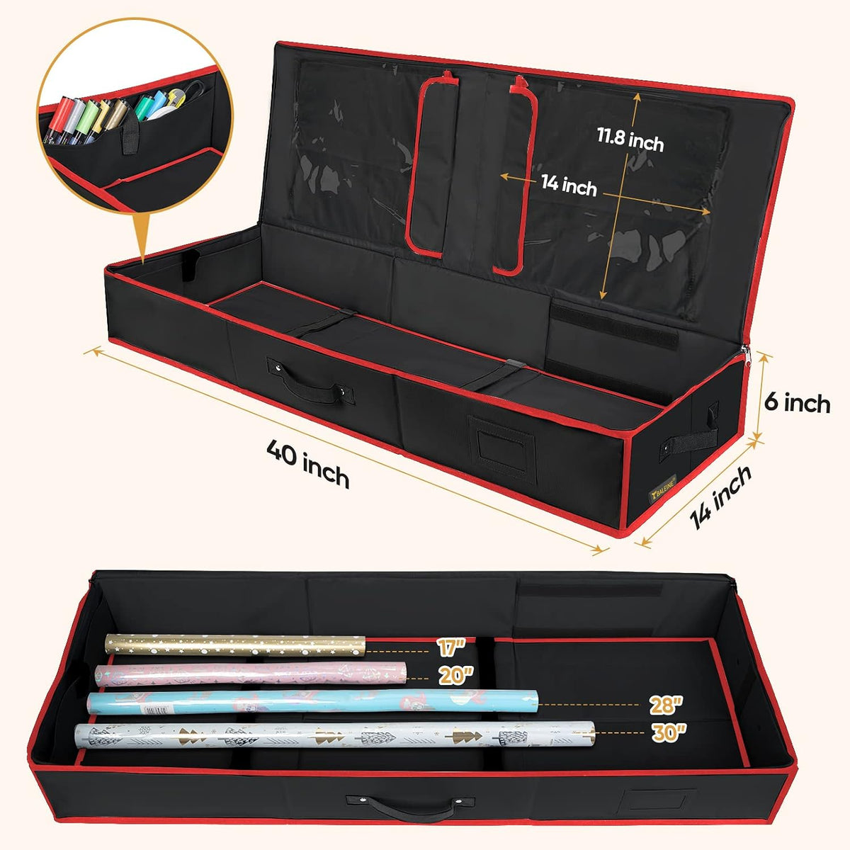BALEINE Wrapping Paper Storage Organizer, 40" Durable 600D Oxford Fabric Gift Wrap Storage Bag with Flexible Partitions for Ribbon, Holiday Accessories (Black/Red)