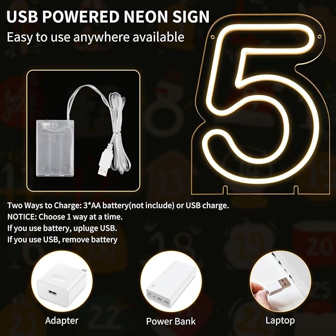 Number 5 LED Neon Sign Backdrop Birthday Party Decoration, 11.3" Height Warm White Marquee Number Five Light Up Sign for Wedding Anniversary Window Wall Table, Indoor Battery Operated or USB
