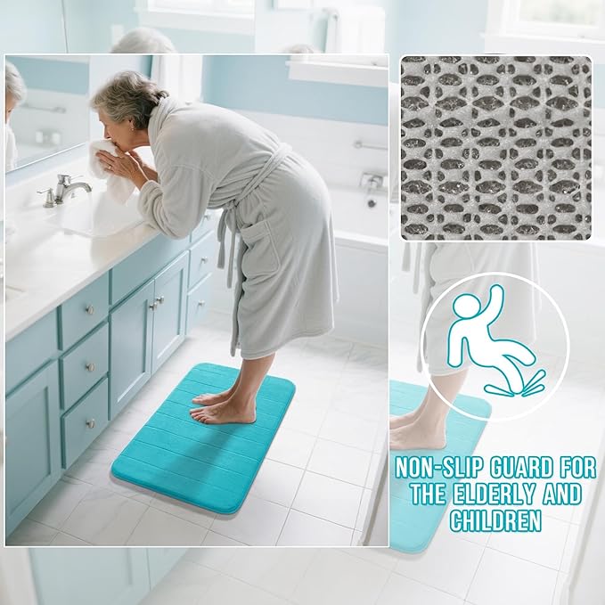 Yimobra Memory Foam Bath Mat, Super Soft Absorbent Bathroom Rug Non Slip 31.5x20 Inch, Quick Dry, Machine Washable Floor Carpet for Tub Shower, Home Decor Accessories, Lake Blue