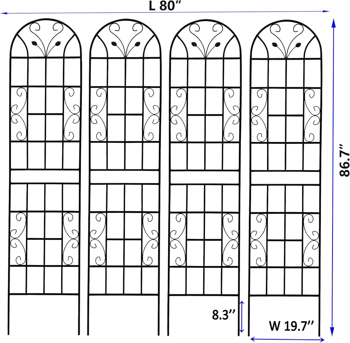 4 Pack Metal Garden Trellis 86.7" Tall Outdoor Climbing Plant Support for Roses, Flowers, Rustproof Durable Black Galvanized Tube, Lawn Garden Fence Decor Screen (4, Black curves-86.7" H)
