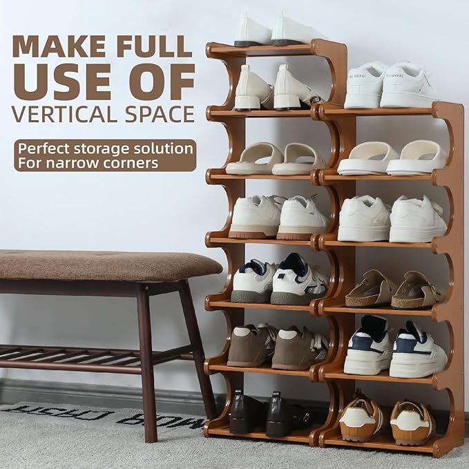 Multi-Tier Bamboo Shoe Rack, 30cm Narrow Standing Shoe Organizer for Closet Entrance, Space Saving Shoe Shelf, Sturdy Shoe Stand for Men and Women（7 Layers）