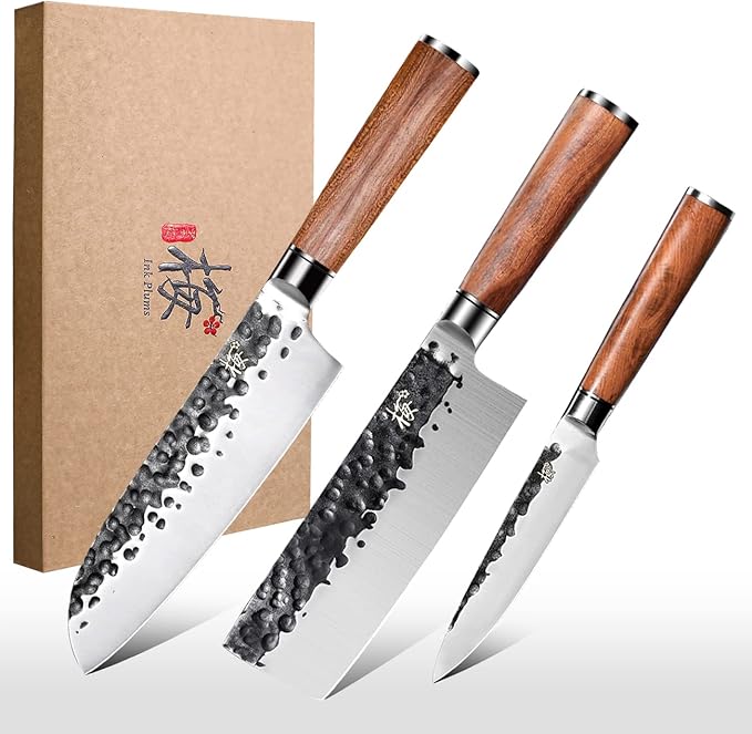 3-Piece Kitchen Knife Set - Santoku, Usuba & Paring Knives, German High Carbon Stainless Steel, Hand-forged with Brazilian Rosewood, Gift Box