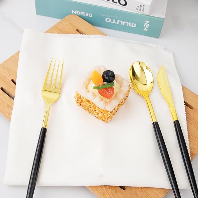 I00000 300Pcs Black Plastic Silverware, Happy New Year Gold Disposable Silverware, Black and Gold Plastic Utensils Include 100 Forks 100 Knives 100 Spoons,Disposable Cutlery for Wedding