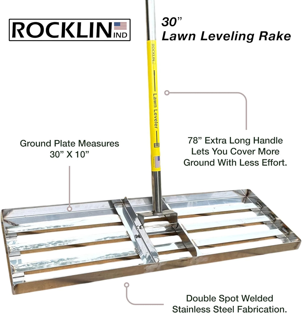 Rocklin™ Lawn Leveling Rake | Levelawn Tool | Level Soil or Dirt Ground Surfaces Easily | 30” x 10” Ground Plate | 78” Extra Long Handle | Stainless Steel
