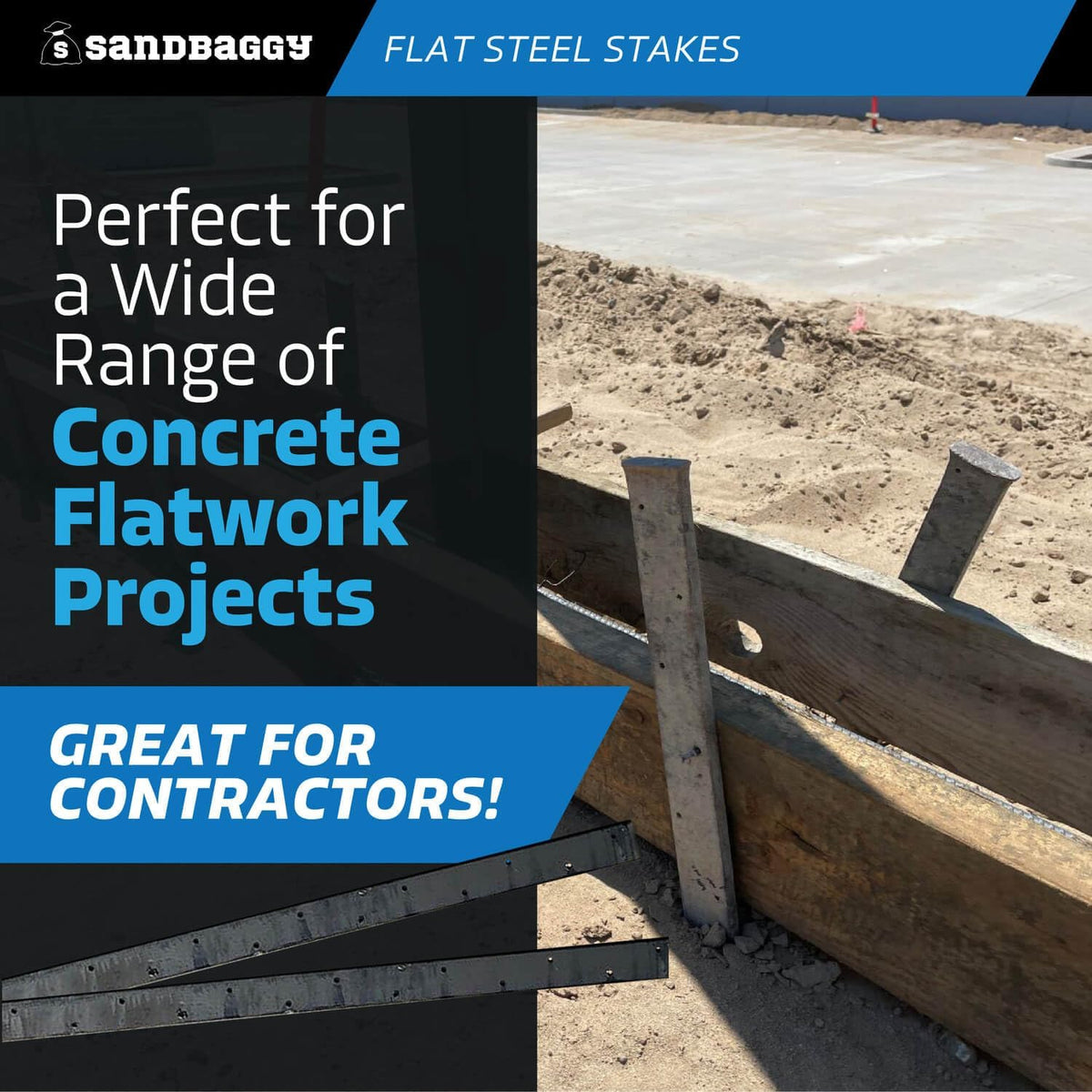 Sandbaggy Flat Steel Stakes for Concrete Forms with Nail Holes - 1.5" Wide - Painted - Removable, Reusable, V Point End - Construction Grade Stakes (20, 60 inch)