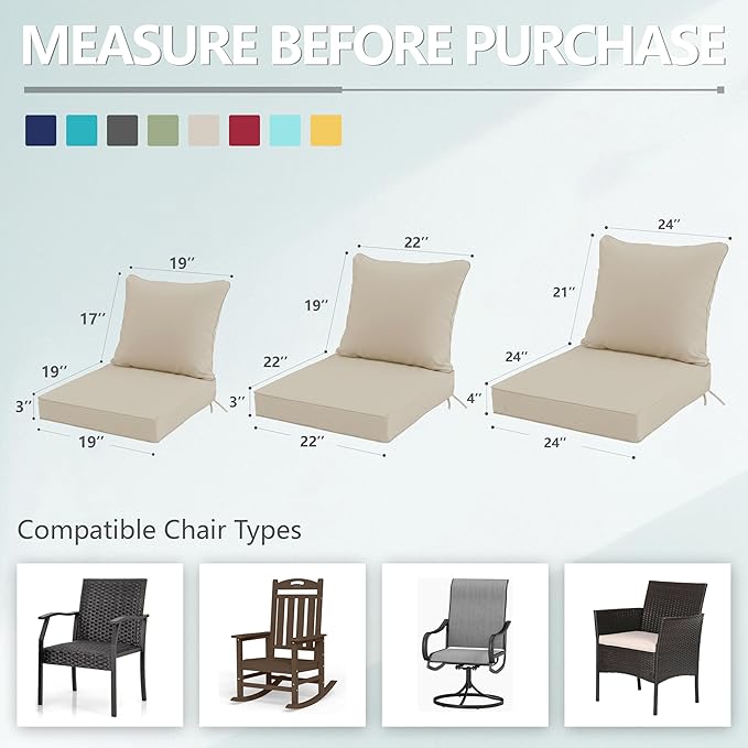 24x24 Inch Outdoor Chair Cushions Set of 4, Patio Furniture Cushions - Removable Cover, Water-Repellent, Fade-Resistant, Non-Slip Bottom & Straps, Replacement for Deep Seat Sofa & Couch - Cream
