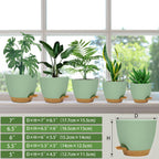 Self Watering Planters with Drainage Holes Reservoir,Nursery Planting Pot for Indoor Decor Garden Plants Succulents,Snake Plant, African Violet,Plastic Flower Pots Set 7+6.5+6+5.5+5 Inch (Green)