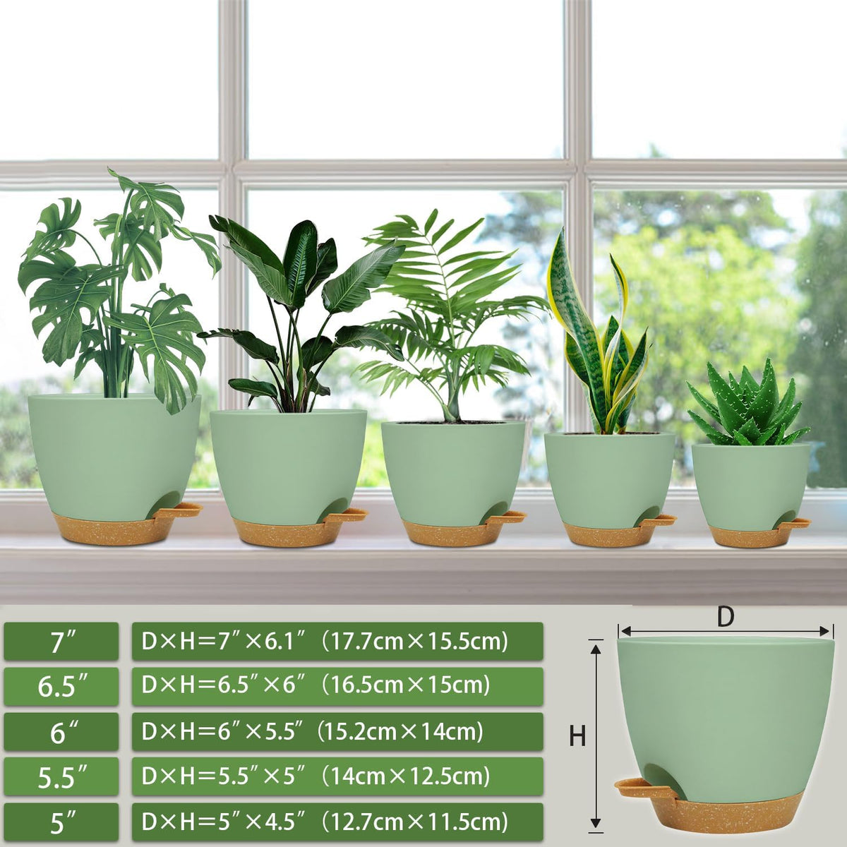 Self Watering Planters with Drainage Holes Reservoir,Nursery Planting Pot for Indoor Decor Garden Plants Succulents,Snake Plant, African Violet,Plastic Flower Pots Set 7+6.5+6+5.5+5 Inch (Green)