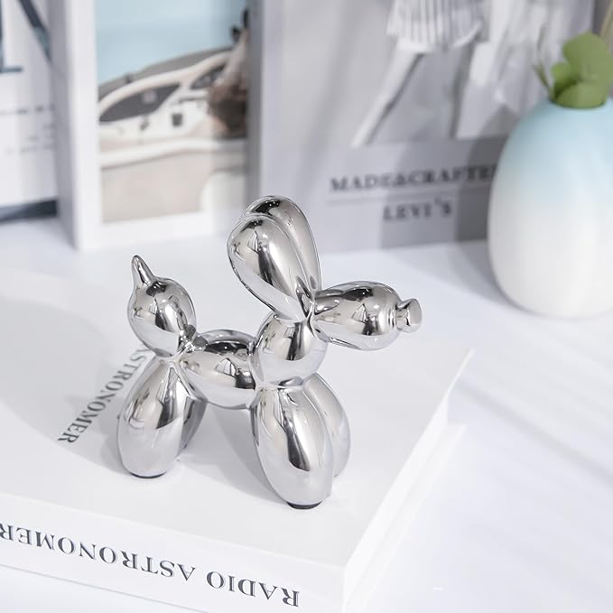 Creative Balloon Dog Statues Small Ceramic Animal Sculpture Modern Home Decor Living Room Desktop Decorations Bedroom Office Cabinet Ornament (Silver)