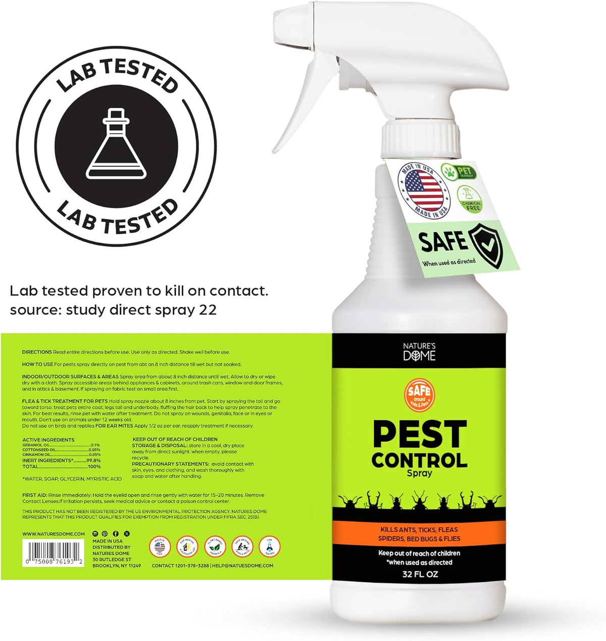 Nature's Dome Eco-Friendly Pest Control Spray – Ant, Roach, Spider, Fly, Flea and Insect Control with Natural Essential Oils – Fast-Acting, Child & Pet Safe for Indoor & Outdoor Use (32 OZ)