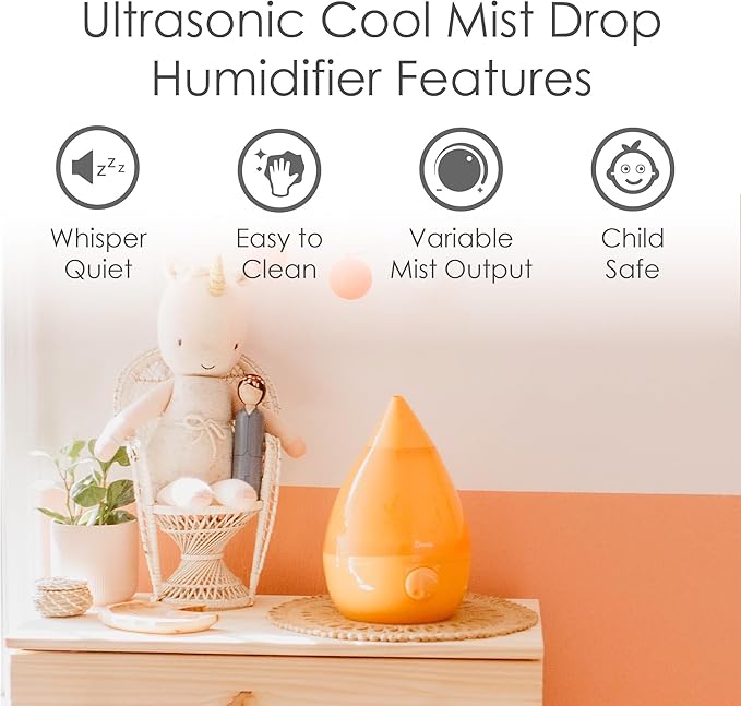 Crane Ultrasonic Cool Mist Humidifier for Bedroom, Baby Nursery, Kids Room, Plants, or Office, Large 1 Gallon Tank, Filter Optional, Orange