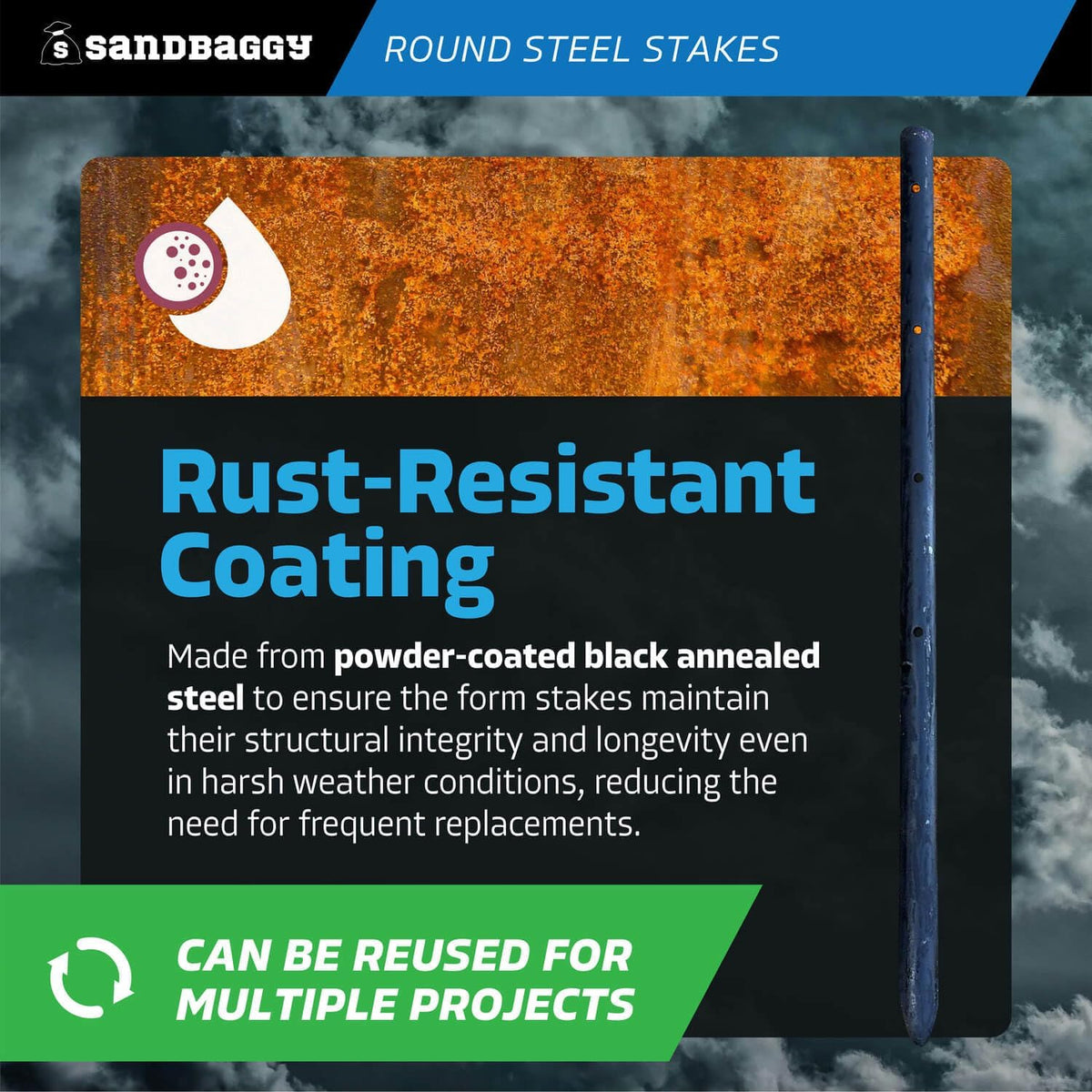 Sandbaggy Round Steel Concrete Form Stakes with Nail Holes - Rust Resistant Coating - Removable, Reusable (200, 3/4 in X 18 in)