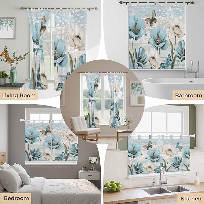 Spring Floral Bathroom Curtains 63 Inch Length, Window Curtains Tab Top, Vintage Tulips Flower Butterfly Retro Wood Blue Light Filtering Window Treatments Drapes 52"x63" 2 Panel