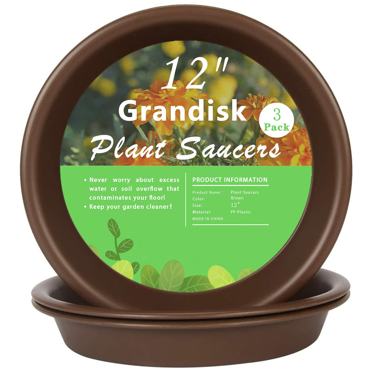 Plant Saucer 12 inch, Heavy Large Planter Durable Thicker Plastic Plant Trays for Indoors and Outdoor, Plant Saucer Drip Trays,Brown (12" - 3 Pack)