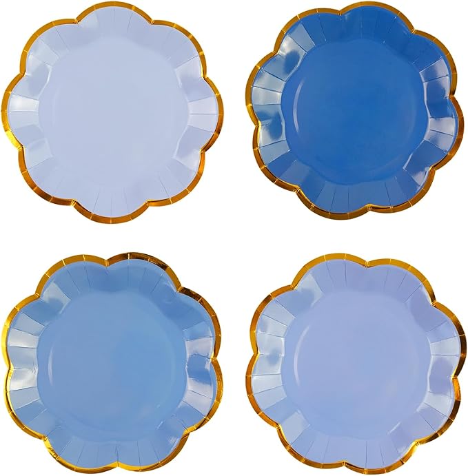 48Pcs Light Blue Scalloped Party Plates - 7inch Gold Foil Gradient Blue Dessert Paper Plate Disposable Cake Plates for Birthday Bridal Baby Shower Wedding Party Decorative Supplies