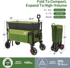 TIMBER RIDGE 350L Extra Large Collapsible Folding Wagon Carts with Brake, Heavy Duty Outdoor Camping Utility Wagons with Extended Height, Adjustable Handle, Cup Holders, Side Bag(Green)